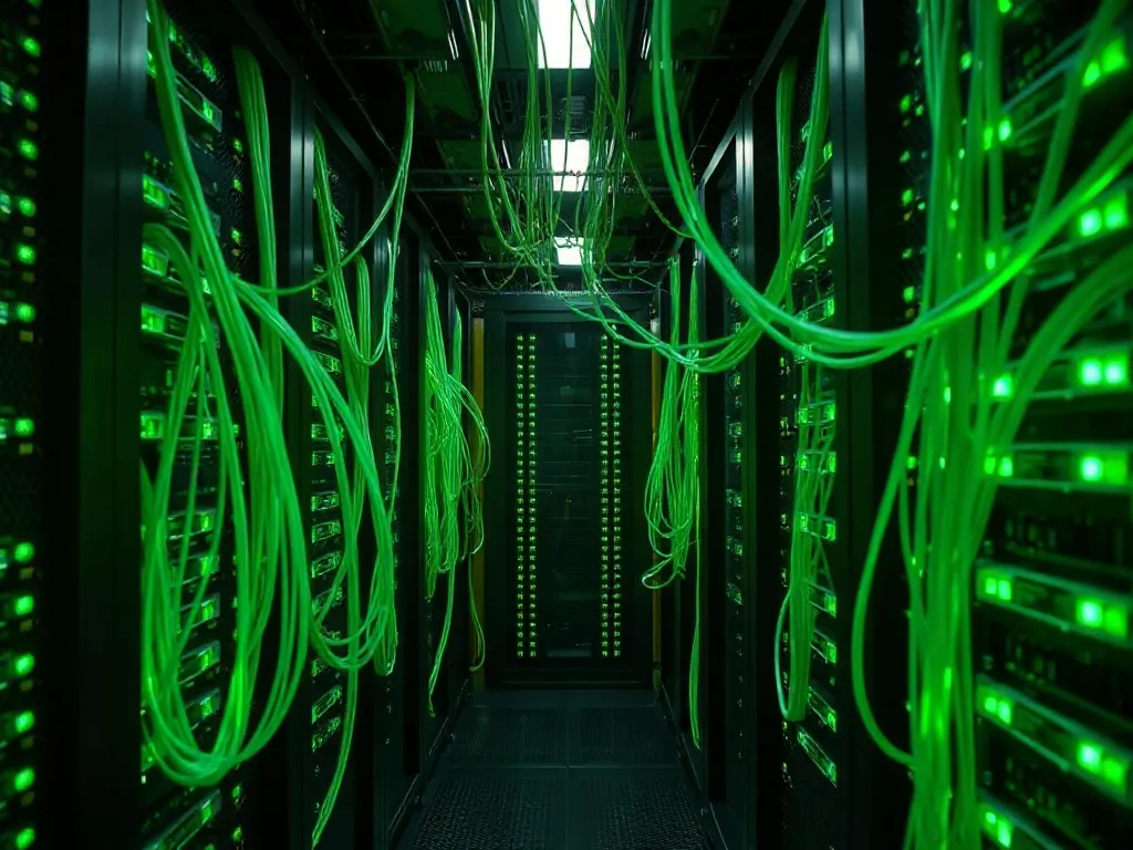 High-tech server room with glowing green fiber optic cables